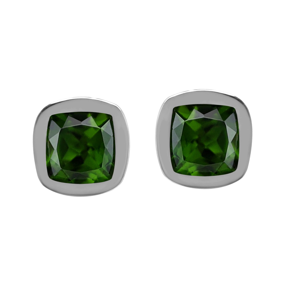 1.16 CTW Petite 5MM Natural Cushion Shape Green Chrome Diopside White Gold Plated 925 Sterling Silver Business Attire Bezel Set Stud Gemstone Earrings Jewelry for Women - Silvershake-store