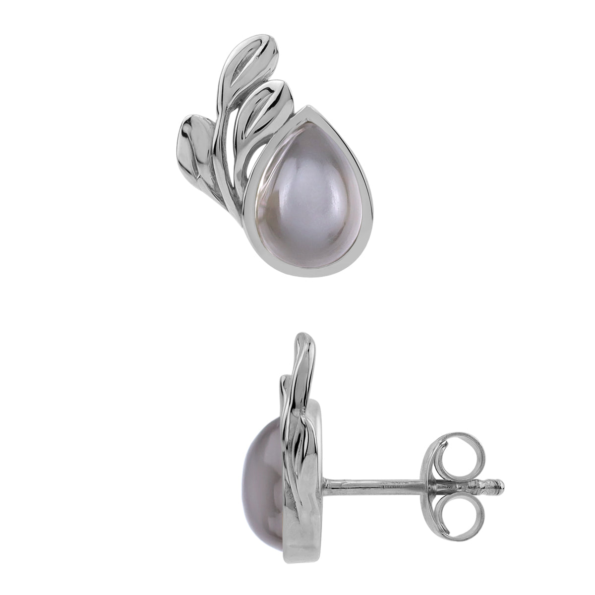 8X6mm Natural Pear Shape Gray Moonstone White Gold Plated 925 Sterling Silver Leaf Casual Stud Post Earrings