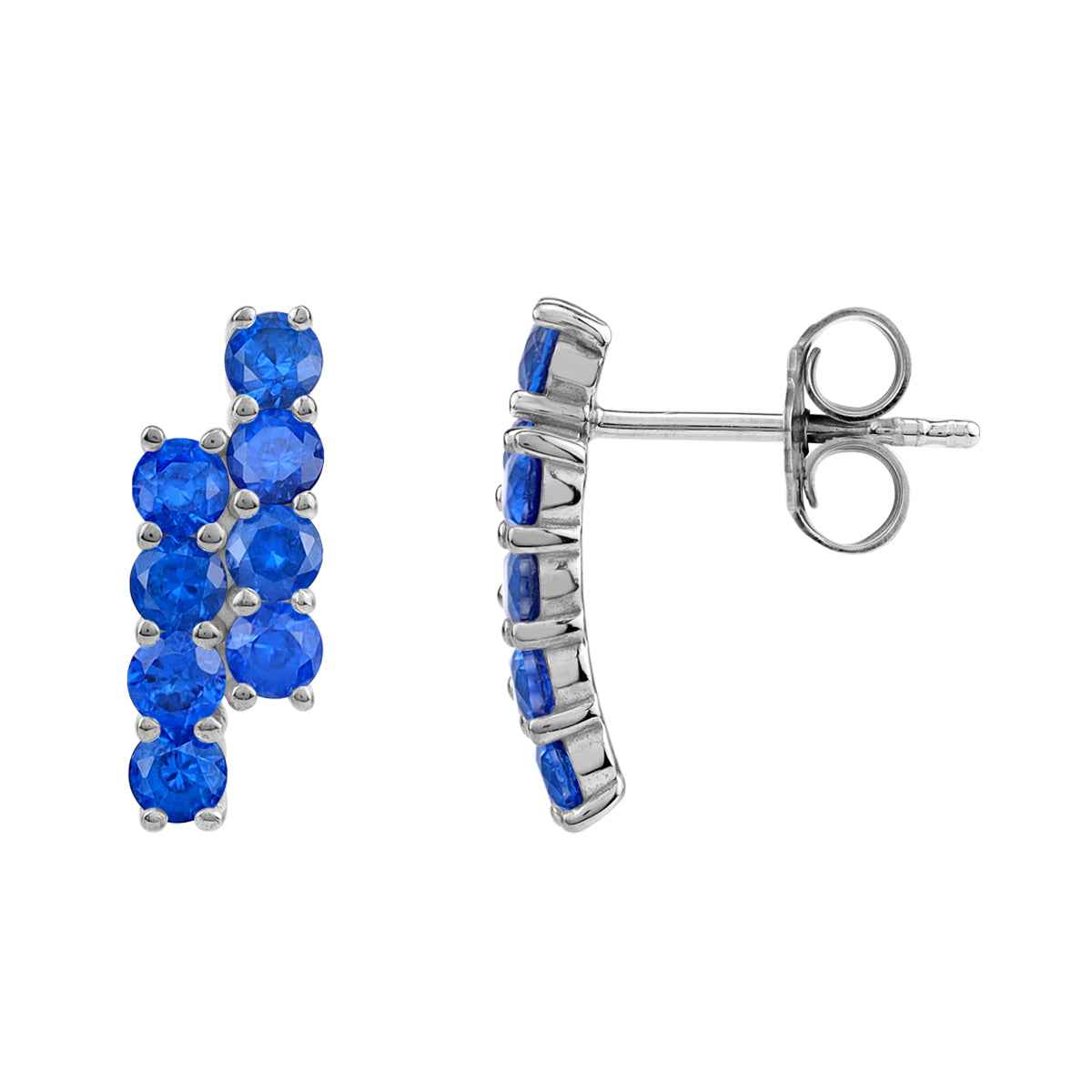 Created Round Shape Blue Sapphire White Gold Plated 925 Sterling Silver Minimalist Twin Journey Trendy Chic Stud Post Earrings September Gemstone Birthstone