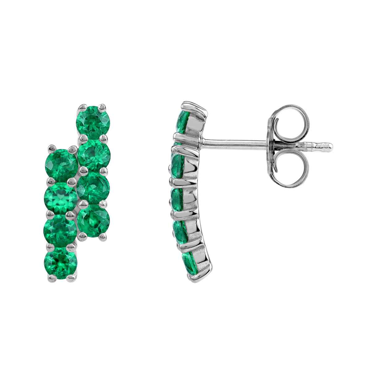 Created Round Shape Nano Green Emerald White Gold Plated 925 Sterling Silver Minimalist Twin Journey Trendy Chic Stud Post Earrings May Gemstone Birthstone