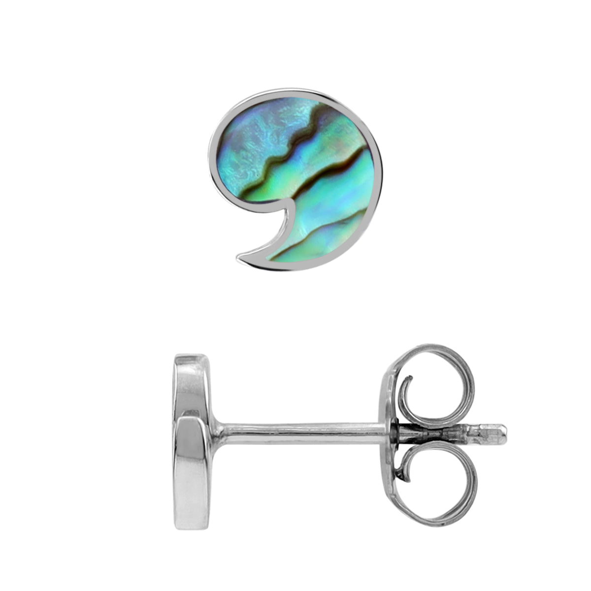 Petite Abalone Paua Shell Inlay White Gold Plated 925 Sterling Silver Minimalist Apostrophe or Comma Casual Stud Earrings