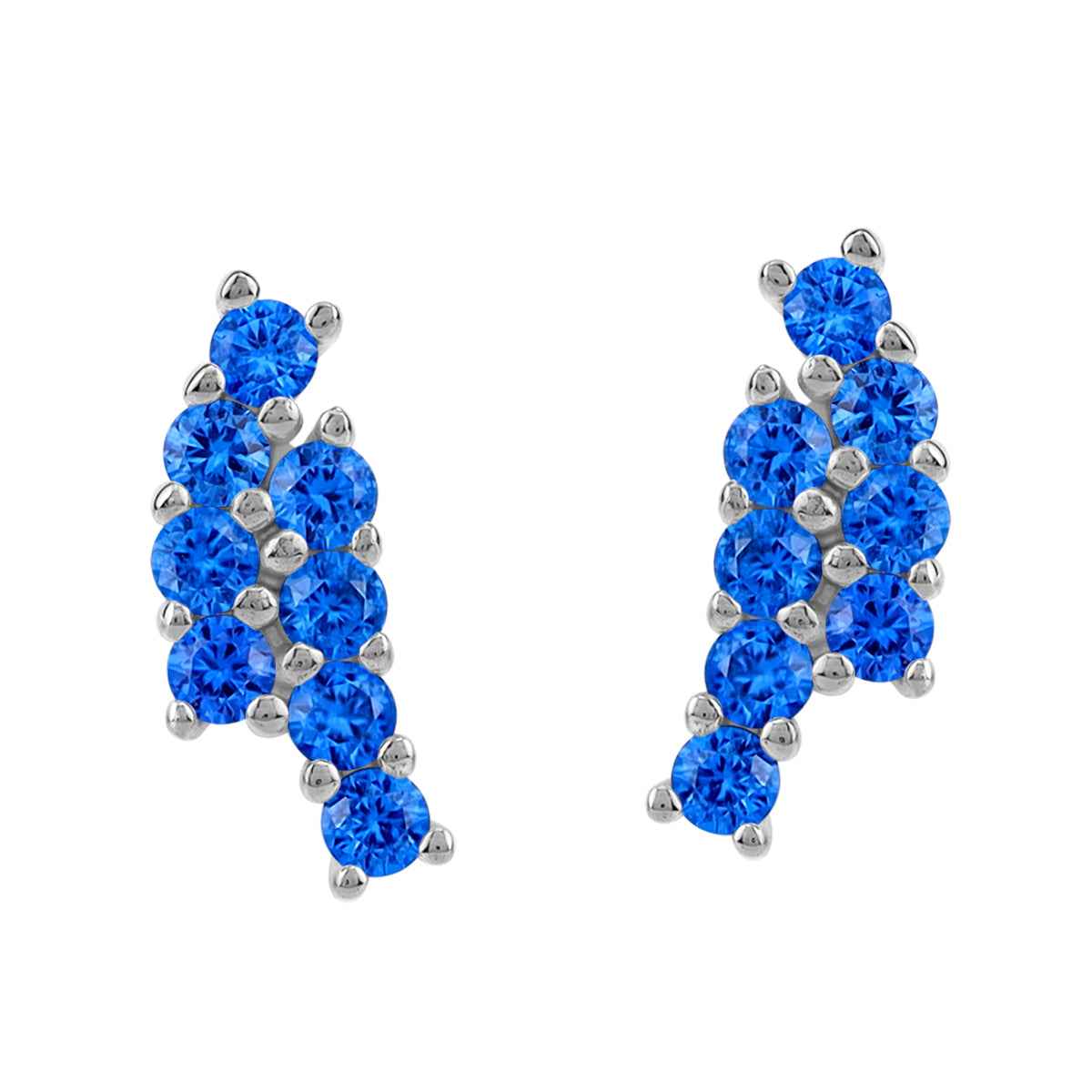 Created Round Shape Blue Sapphire White Gold Plated 925 Sterling Silver Minimalist Twin Journey Trendy Chic Climber Horizontal Stud Earrings September Gemstone Birthstone