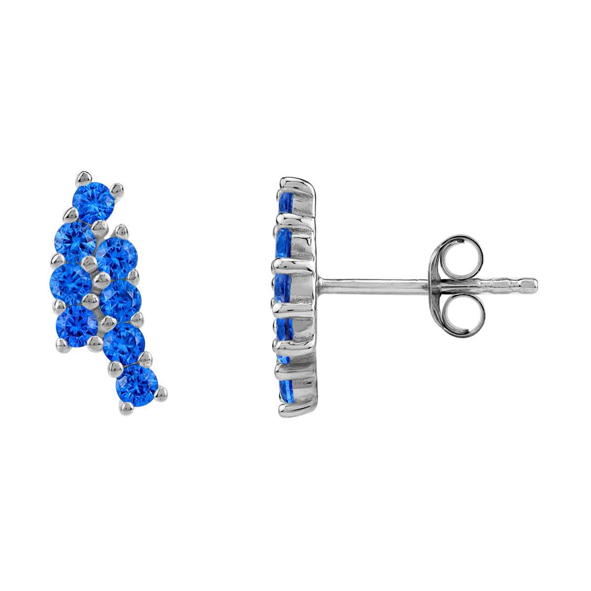 Created Round Shape Blue Sapphire White Gold Plated 925 Sterling Silver Minimalist Twin Journey Trendy Chic Climber Horizontal Stud Earrings September Gemstone Birthstone
