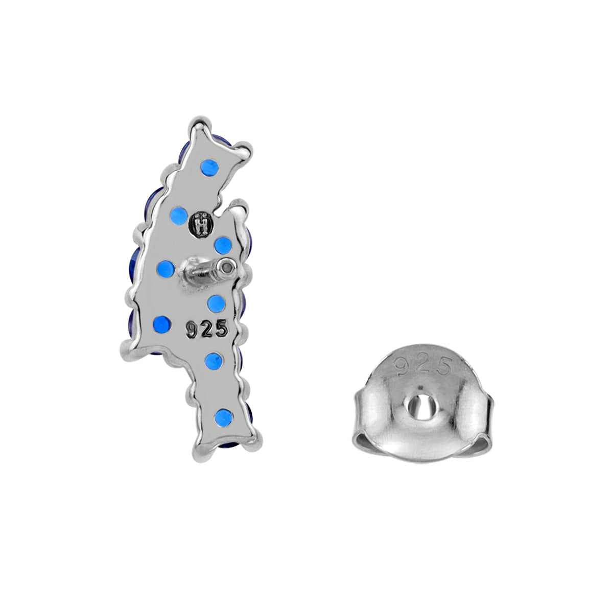 Created Round Shape Blue Sapphire White Gold Plated 925 Sterling Silver Minimalist Twin Journey Trendy Chic Climber Horizontal Stud Earrings September Gemstone Birthstone