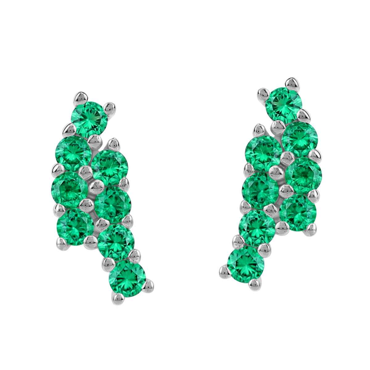 Created Round Shape Nano Green Emerald White Gold Plated 925 Sterling Silver Minimalist Twin Journey Trendy Chic Climber Horizontal Stud Earrings May Gemstone Birthstone