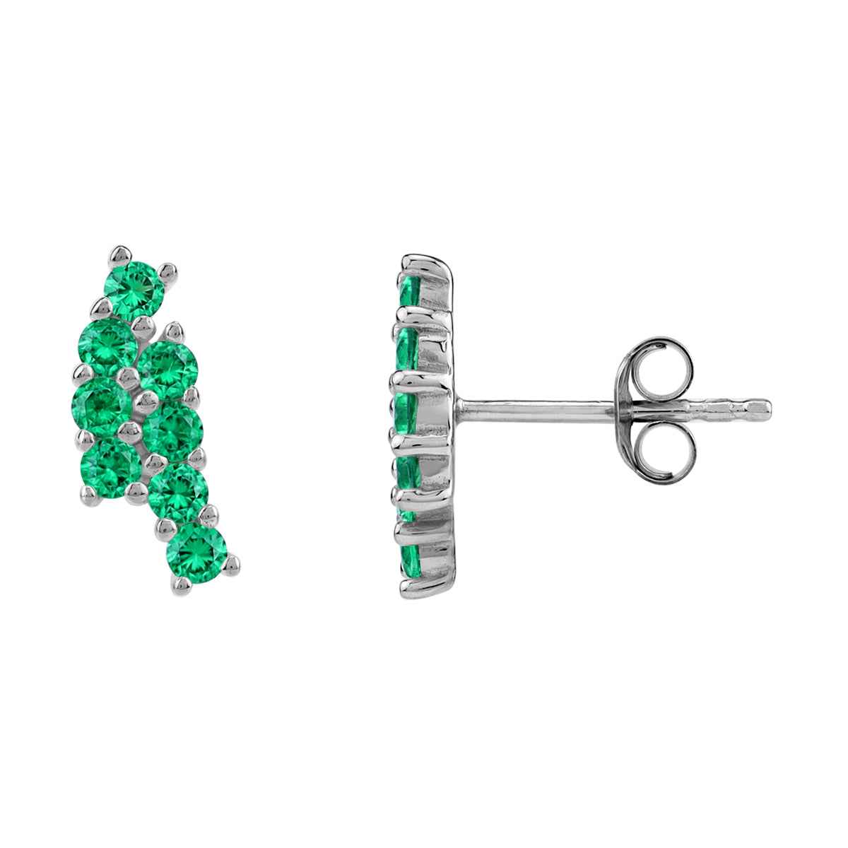 Created Round Shape Nano Green Emerald White Gold Plated 925 Sterling Silver Minimalist Twin Journey Trendy Chic Climber Horizontal Stud Earrings May Gemstone Birthstone