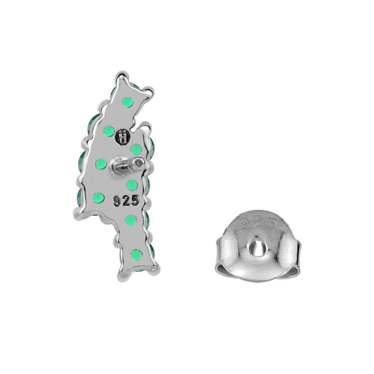 Created Round Shape Nano Green Emerald White Gold Plated 925 Sterling Silver Minimalist Twin Journey Trendy Chic Climber Horizontal Stud Earrings May Gemstone Birthstone