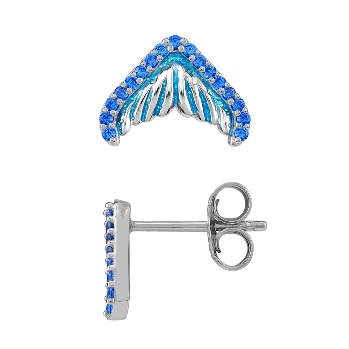 Silvershake Created Blue Sapphire and Enamel White Gold Plated 925 Sterling Silver Dolphin / Whale Tail / Mermaid Sealife Fish Casual Stud Post Earrings