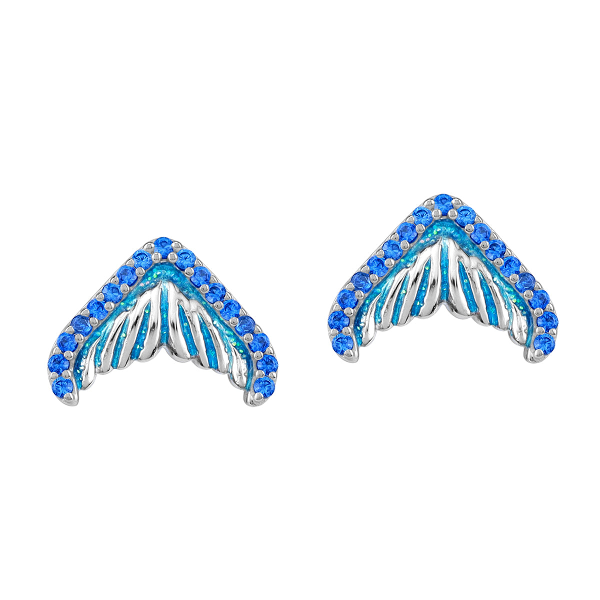 Silvershake Created Blue Sapphire and Enamel White Gold Plated 925 Sterling Silver Dolphin / Whale Tail / Mermaid Sealife Fish Casual Stud Post Earrings