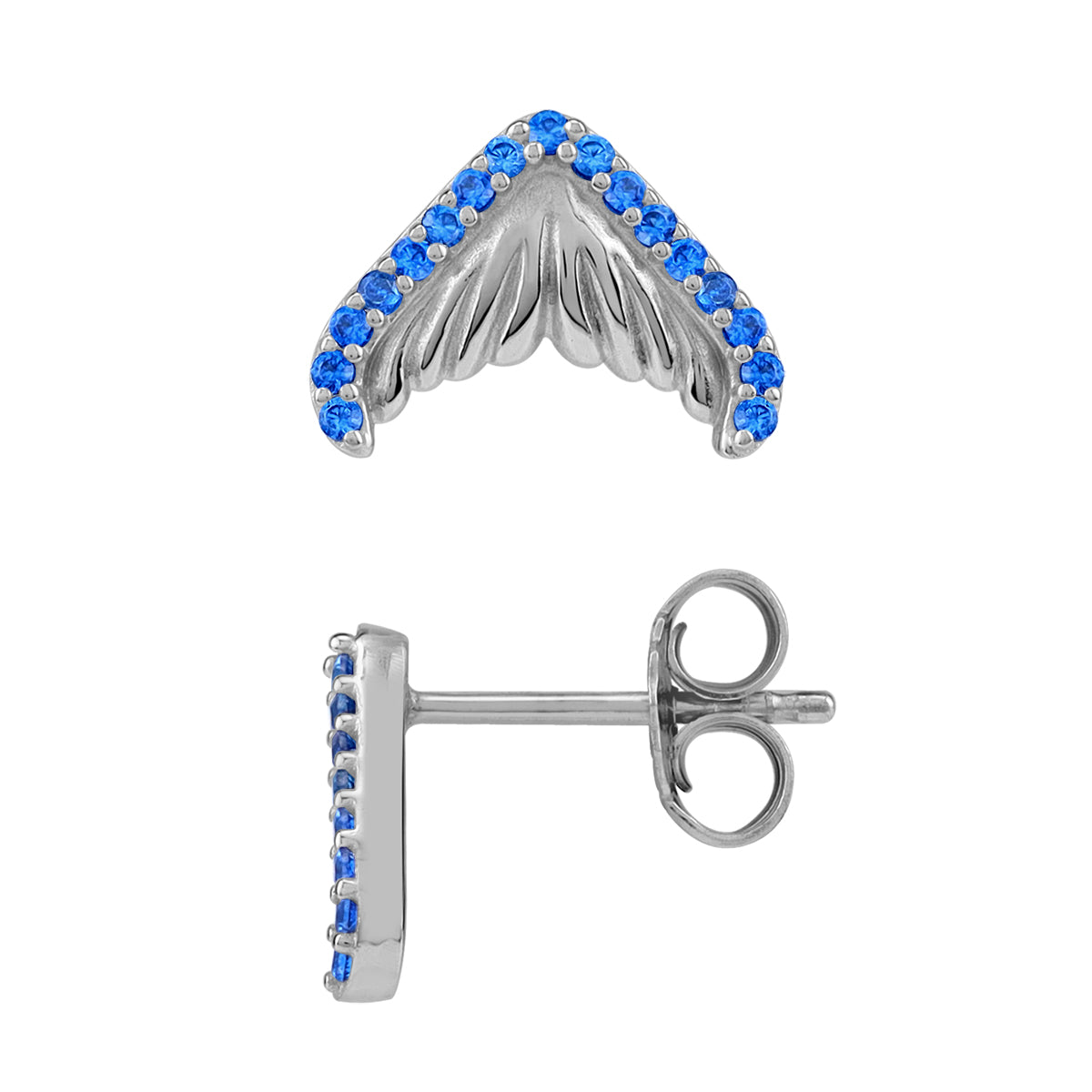 Created Blue Sapphire White Gold Plated 925 Sterling Silver Dolphin / Whale Tail / Mermaid Sealife Fish Casual Stud Post Earrings