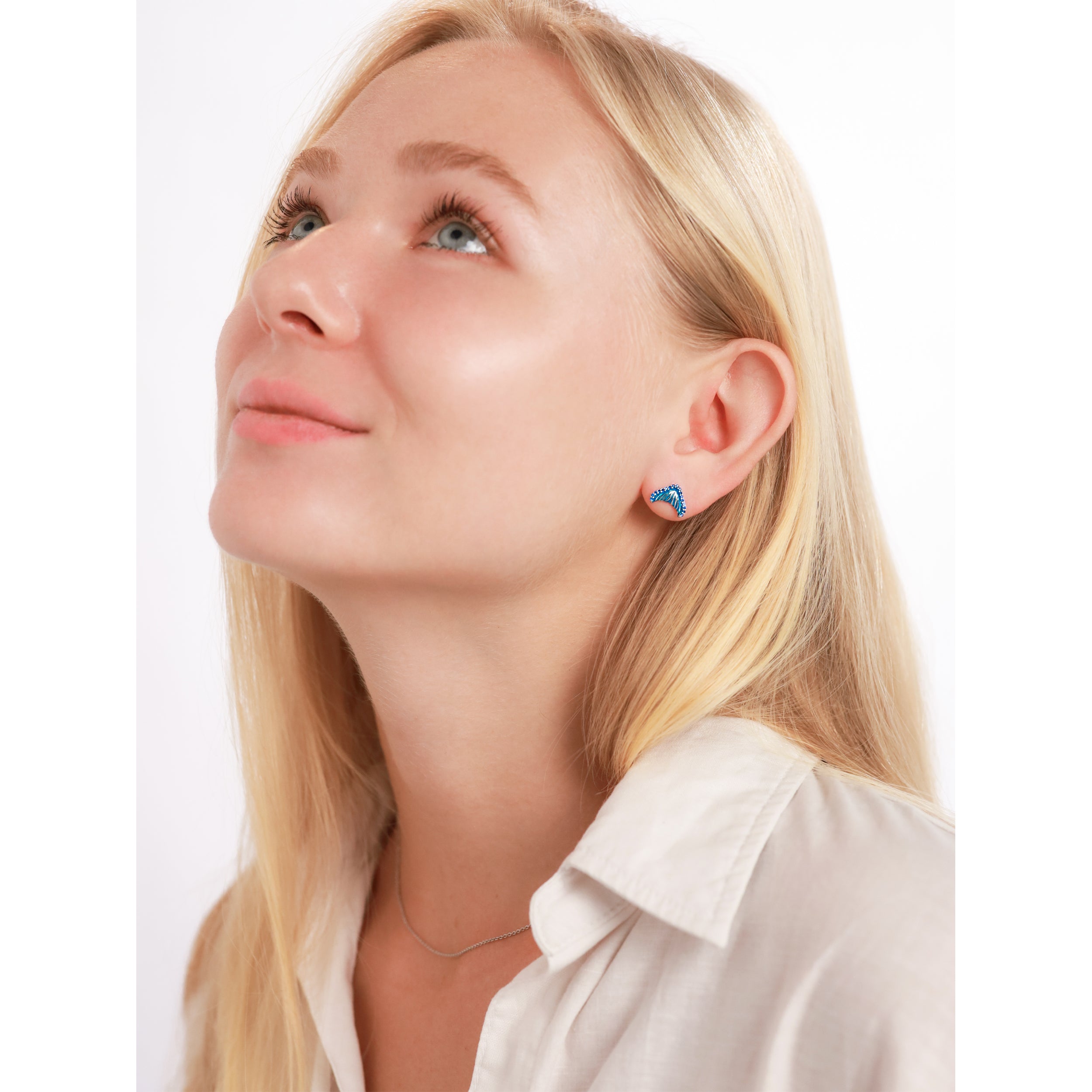 Created Blue Sapphire White Gold Plated 925 Sterling Silver Dolphin / Whale Tail / Mermaid Sealife Fish Casual Stud Post Earrings