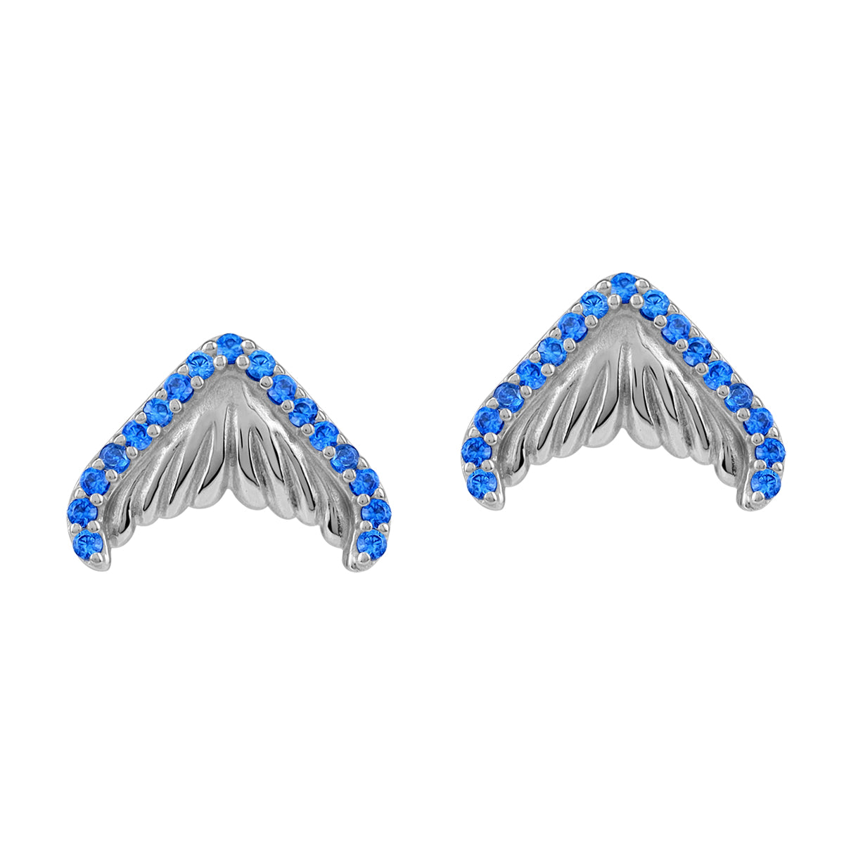 Created Blue Sapphire White Gold Plated 925 Sterling Silver Dolphin / Whale Tail / Mermaid Sealife Fish Casual Stud Post Earrings