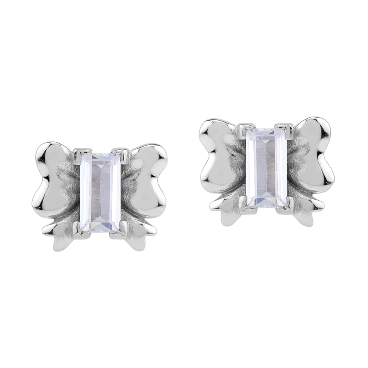 Baguette Shape White CZ 925 Sterling Silver Minimalist Ribbon Bow Trendy Chic Stud Post Earrings silvershake