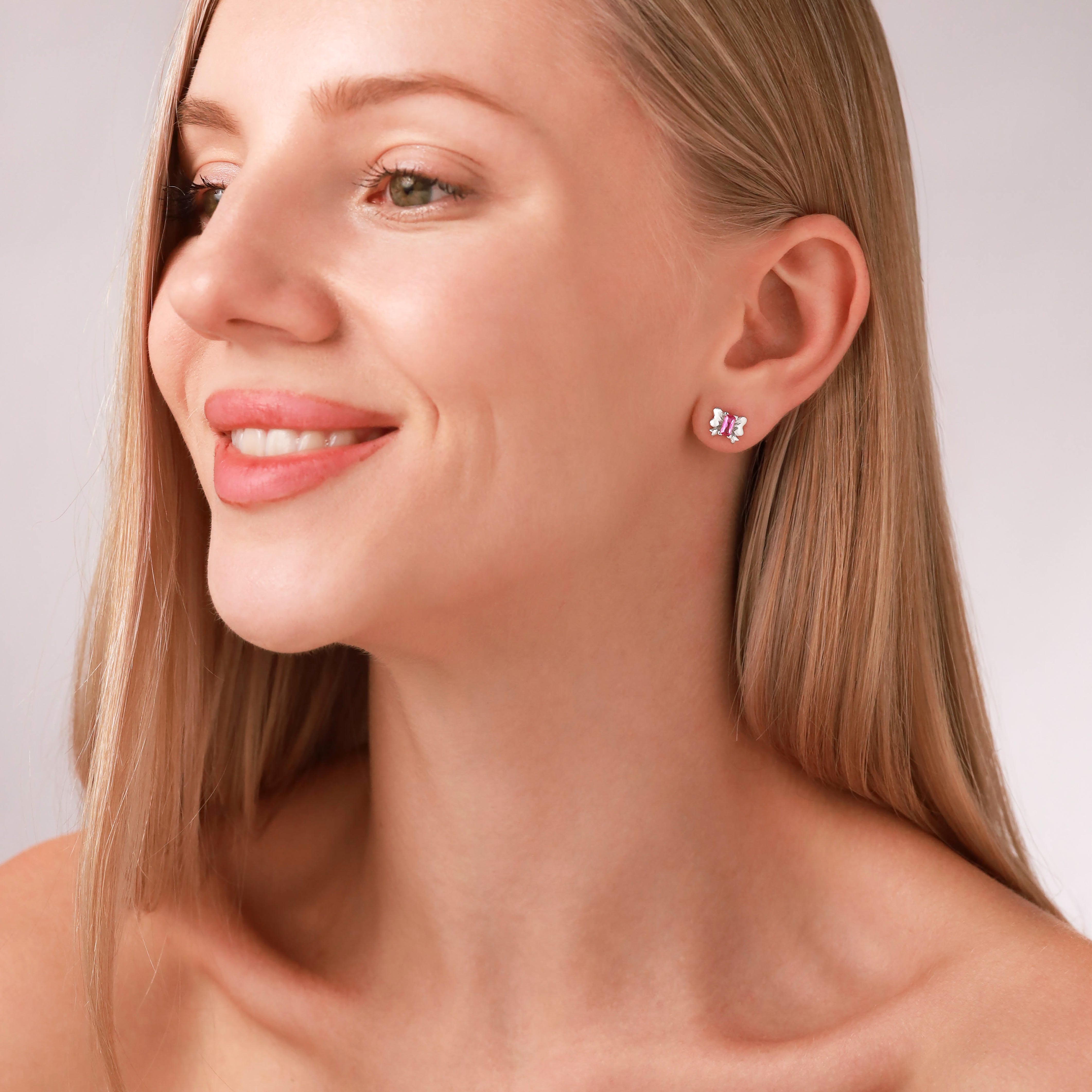Baguette Shape White CZ 925 Sterling Silver Minimalist Ribbon Bow Trendy Chic Stud Post Earrings silvershake