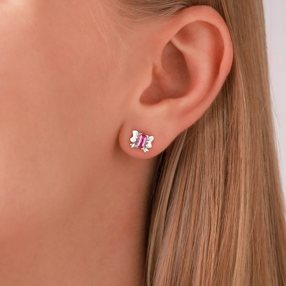 Baguette Shape White CZ 925 Sterling Silver Minimalist Ribbon Bow Trendy Chic Stud Post Earrings silvershake