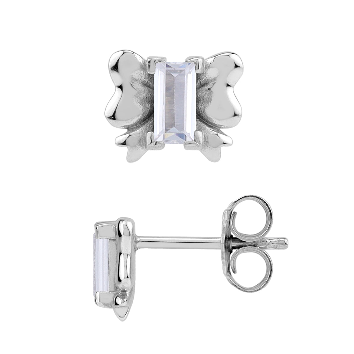 Baguette Shape White CZ 925 Sterling Silver Minimalist Ribbon Bow Trendy Chic Stud Post Earrings silvershake