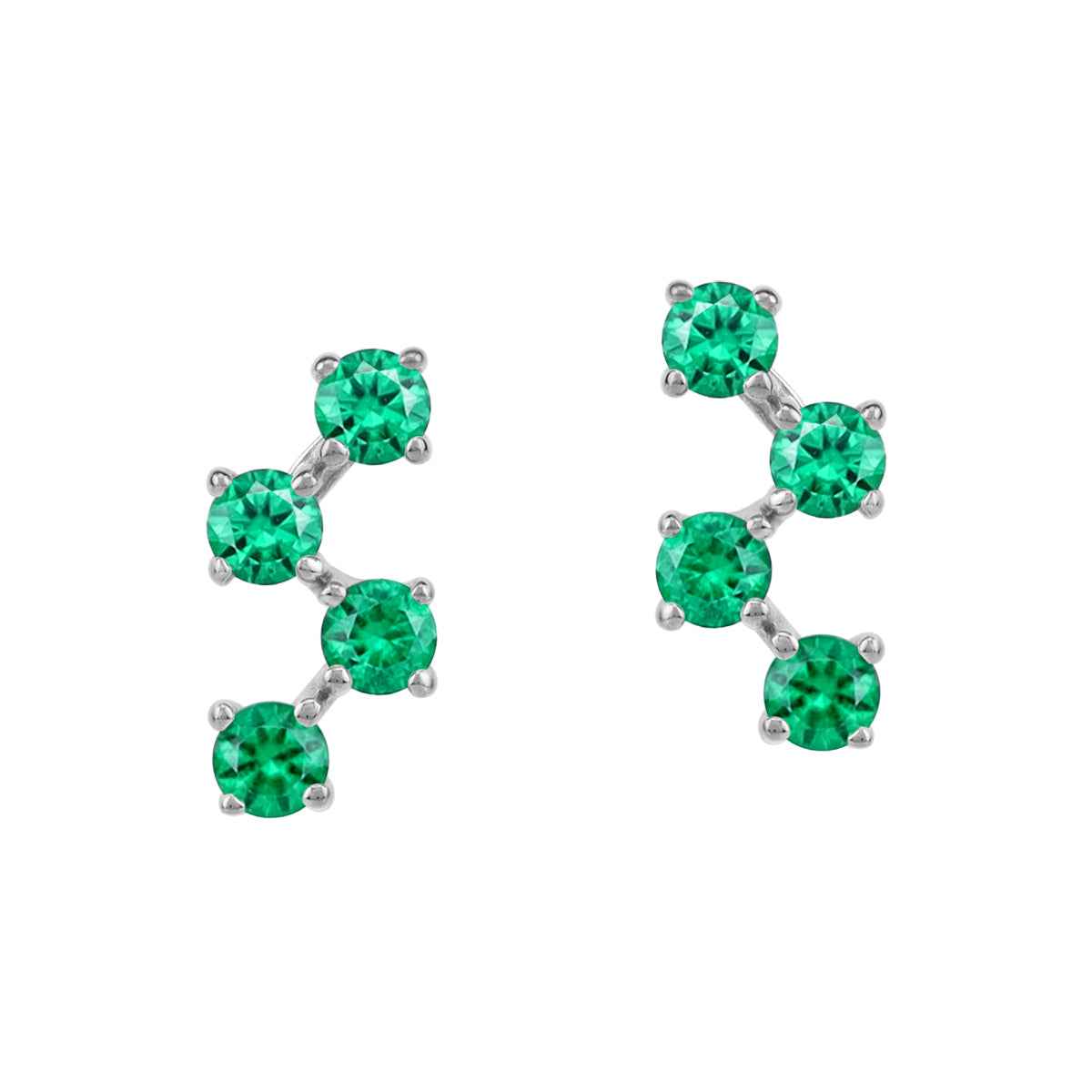 Created Round Shape Nano Green Emerald White Gold Plated 925 Sterling Silver Minimalist Zigzag Trendy Chic Stud Post Earrings May Gemstone Birthstone