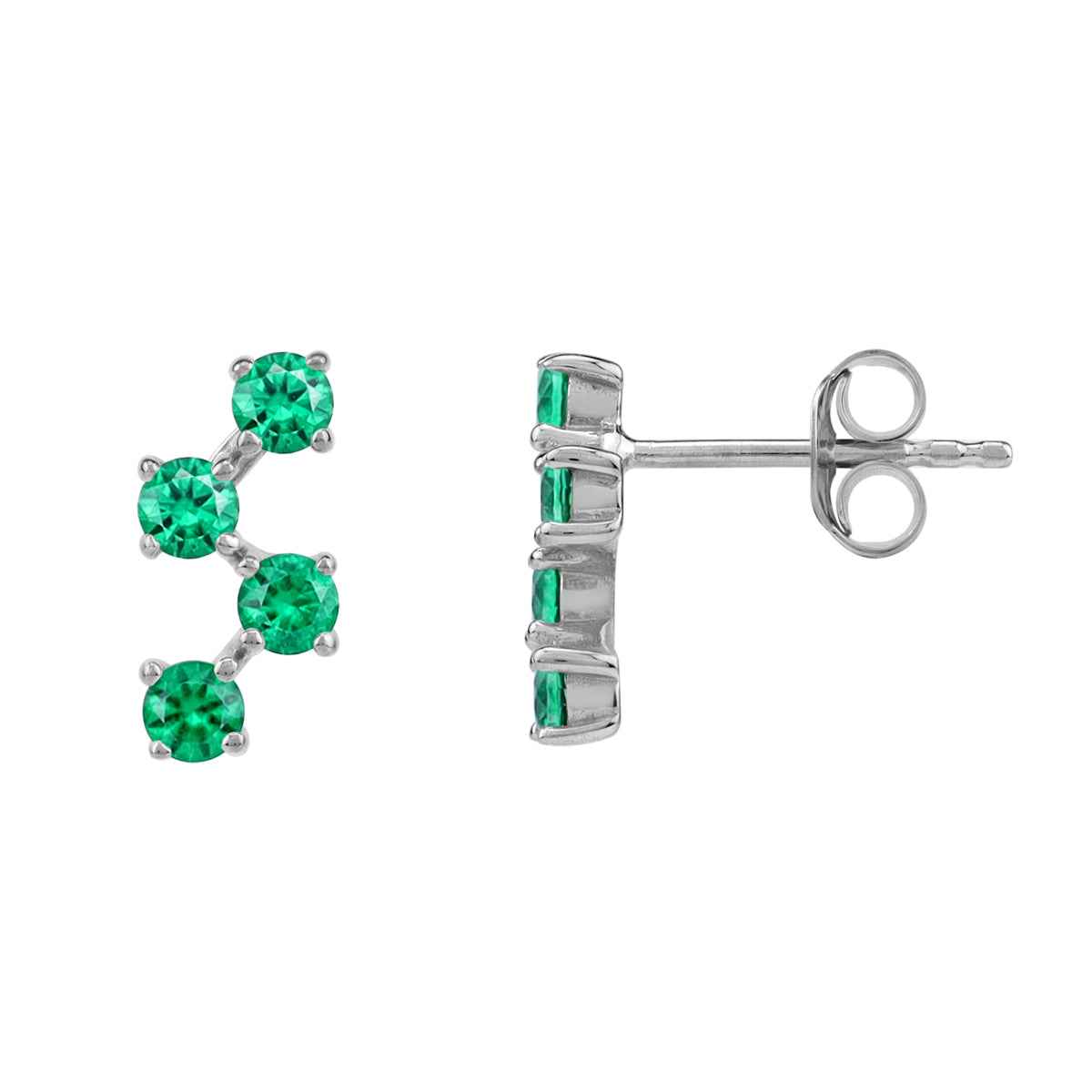 Created Round Shape Nano Green Emerald White Gold Plated 925 Sterling Silver Minimalist Zigzag Trendy Chic Stud Post Earrings May Gemstone Birthstone