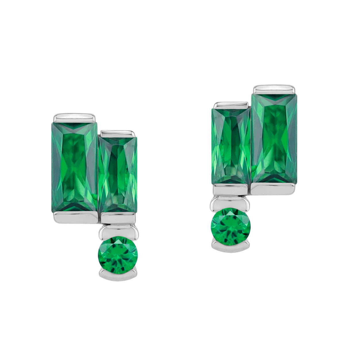 Created Nano Green Emerald 925 Sterling Silver Minimalist Twin Baguette Geometric Stud Post Earrings silvershake