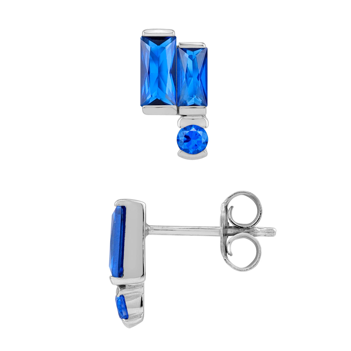 Created Blue Sapphire 925 Sterling Silver Minimalist Twin Baguette Geometric Stud Post Earrings silvershake
