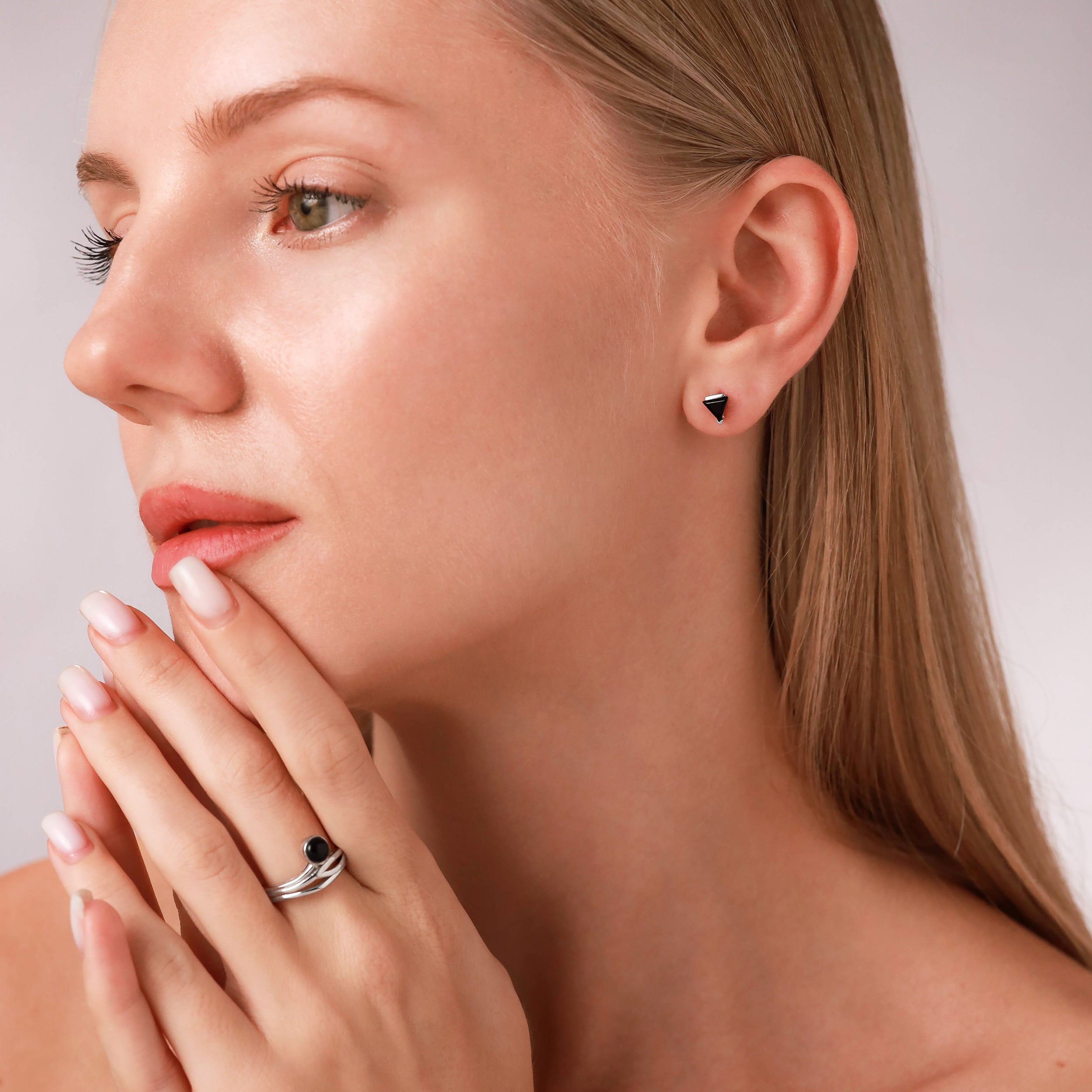 Petite 5MM Triangle Natural Black Onyx 925 Sterling Silver Minimalist Trendy Geometric Stud Earrings silvershake