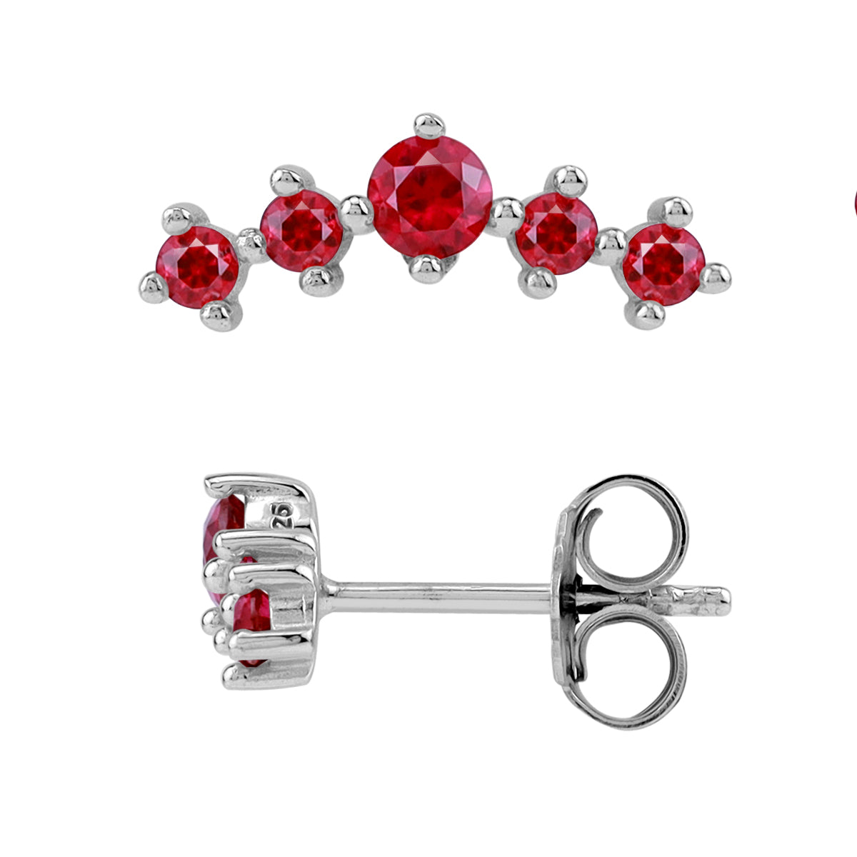 5-Stone Simulated Red Ruby 925 Sterling Silver Trendy Chic Journey Climber Horizontal Stud Earrings silvershake