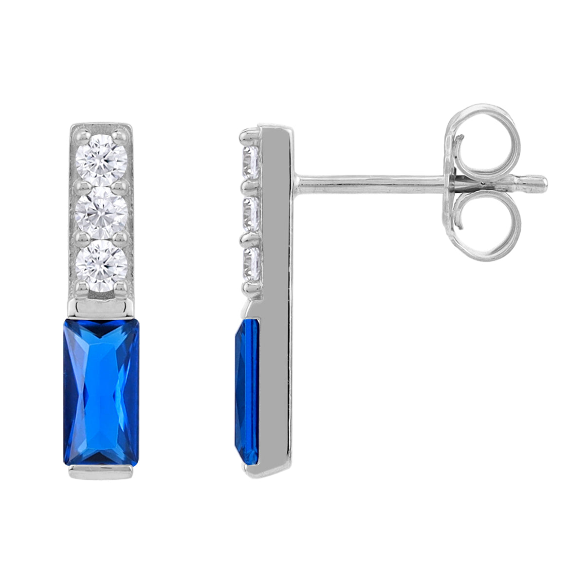 Created Blue Sapphire White Gold Plated 925 Sterling Silver Minimalist Trendy Bar Stud Post Earrings silvershake