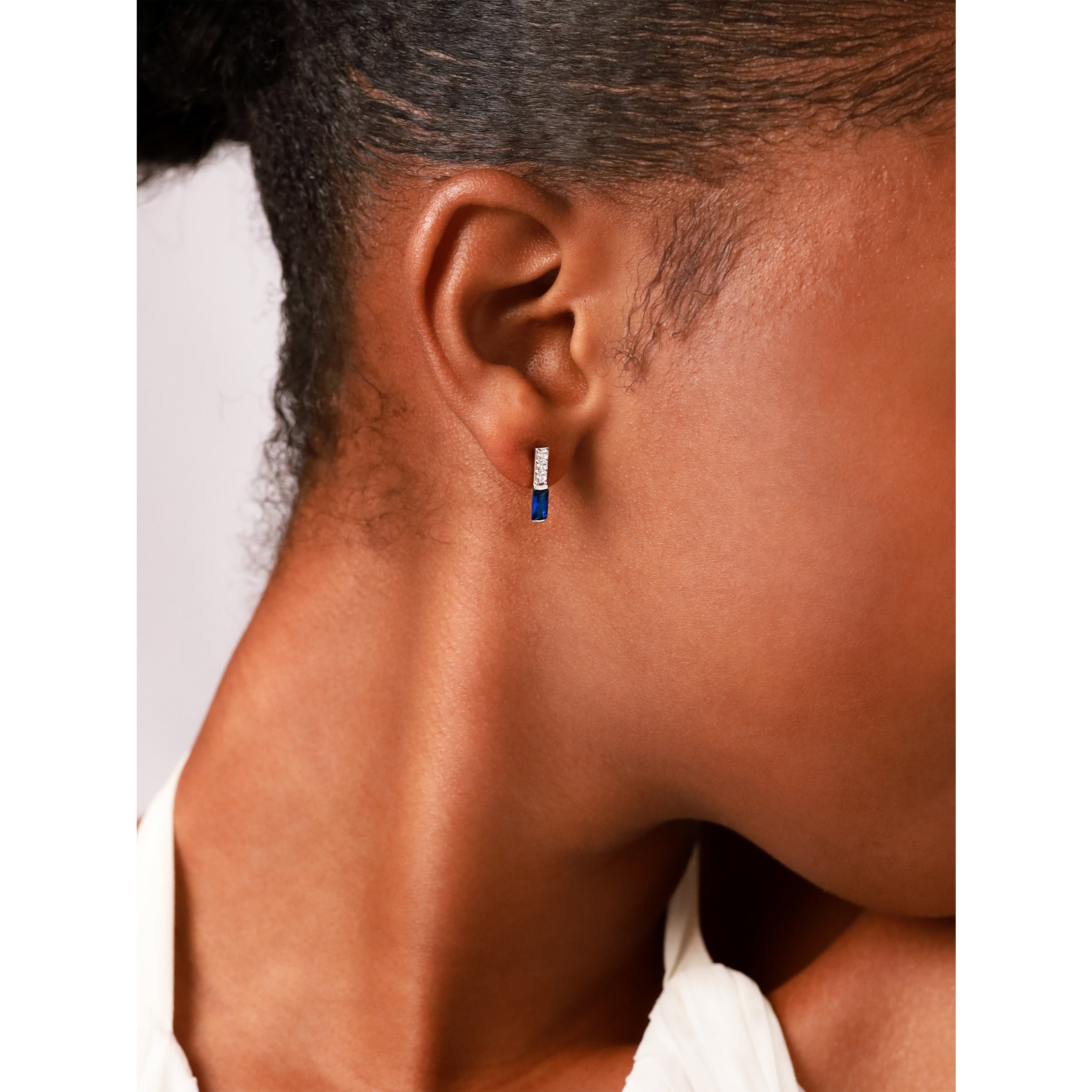 Created Blue Sapphire White Gold Plated 925 Sterling Silver Minimalist Trendy Bar Stud Post Earrings silvershake
