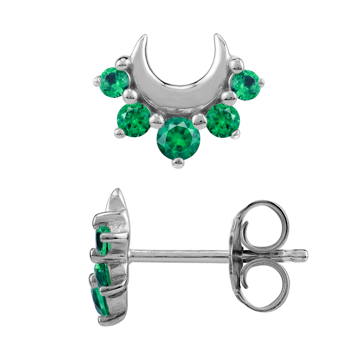 Created Nano Green Emerald 925 Sterling Silver Minimalist Trendy Chic Crescent Moon Stud Earrings silvershake