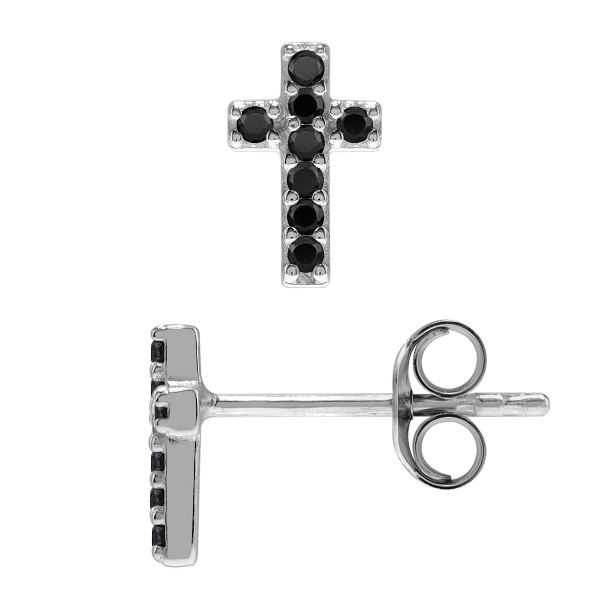 Ultra Petite Black CZ 925 Sterling Silver Minimalist Trendy Cross Religion Christian Stud Earrings silvershake