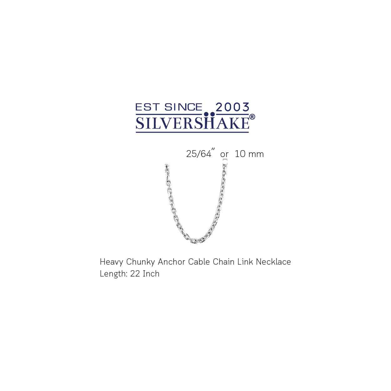 10MM 925 Sterling Silver Fashion Heavy Chunky Anchor Cable Chain Link Necklace 22 Inch