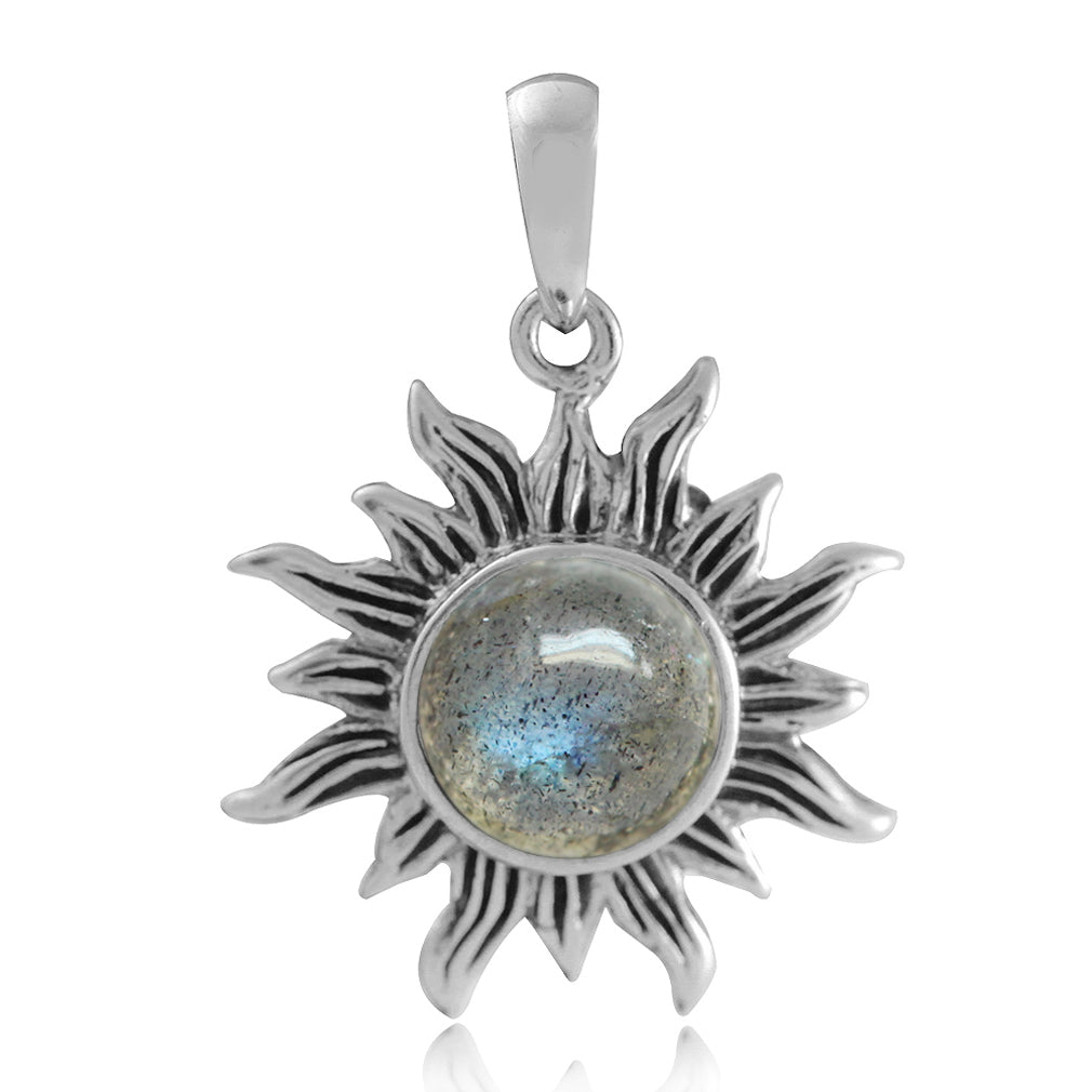8MM Natural Labradorite 925 Sterling Silver Sun Ray Inspired Solitaire Pendant - Silvershake-store