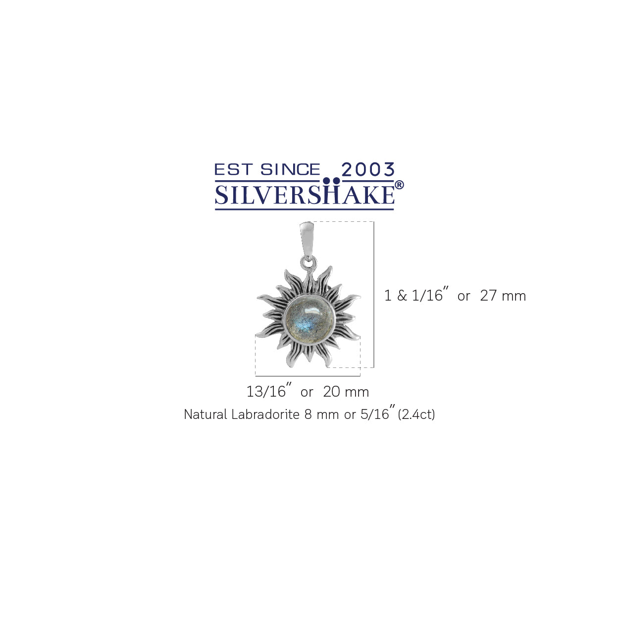 8MM Natural Labradorite 925 Sterling Silver Sun Ray Inspired Solitaire Pendant - Silvershake-store