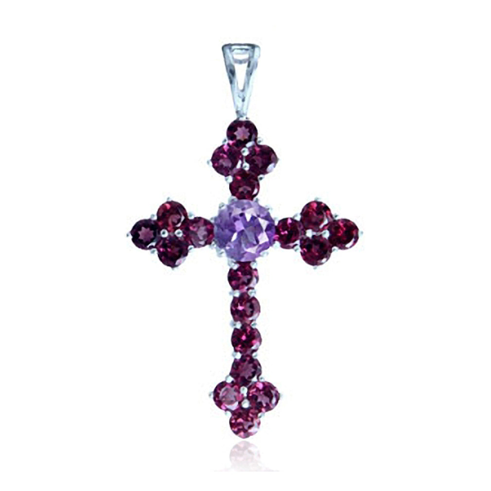 Silvershake Natural Amethyst and Rhodolite Garnet 925 Sterling Silver Cross / Religion / Christian Pendant - Silvershake-store