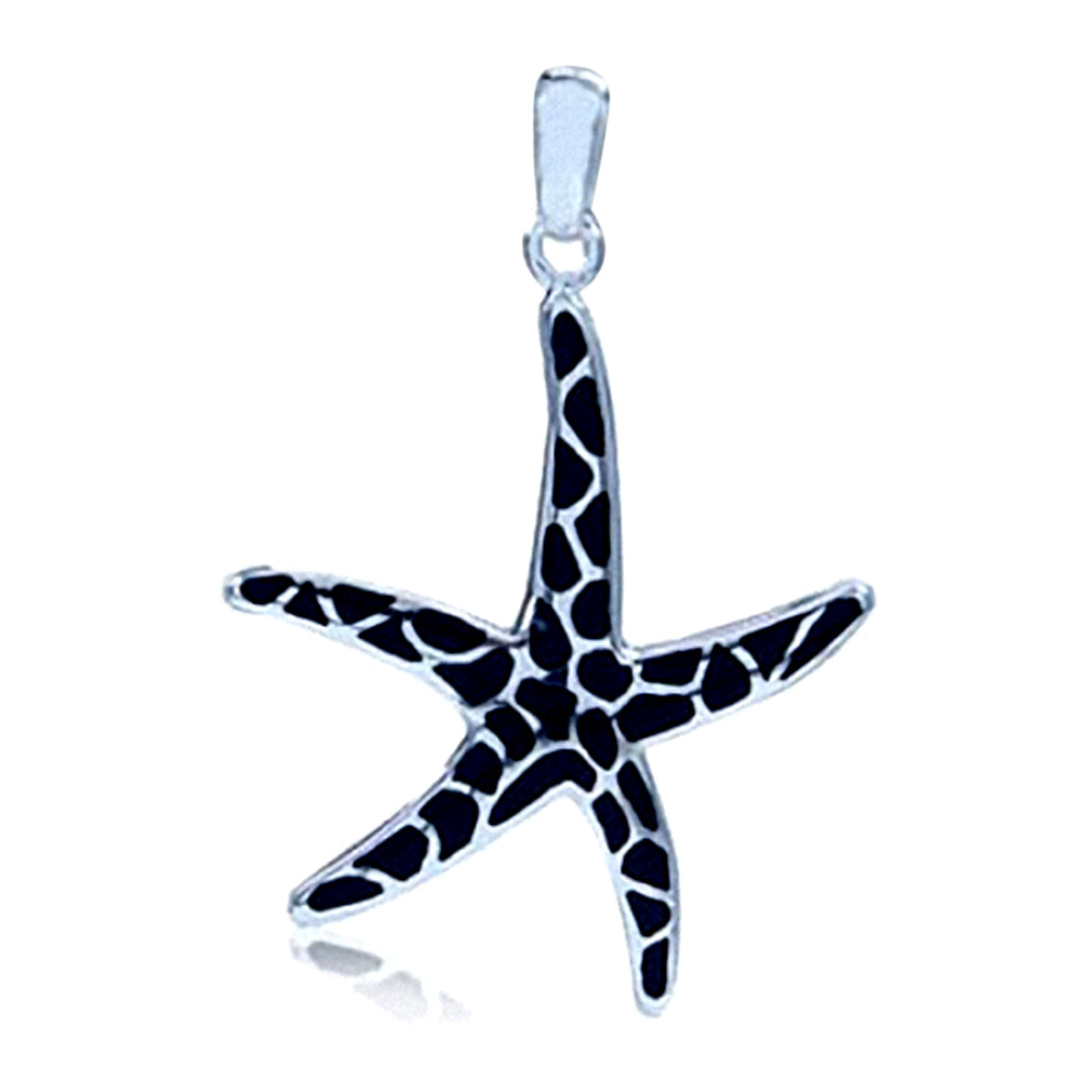 Silvershake Created Black Onyx Inlay White Gold Plated 925 Sterling Silver Starfish Pendant - Silvershake-store