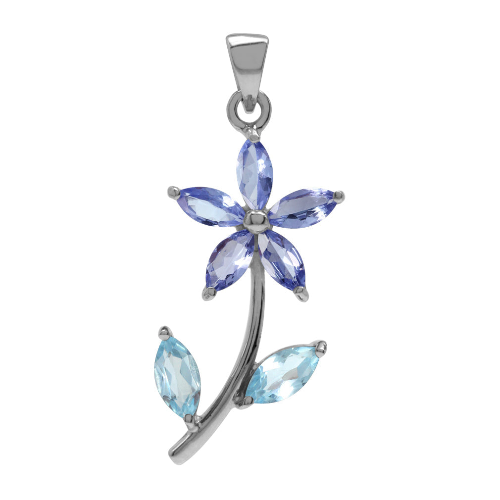 Genuine Tanzanite and Blue Topaz 925 Sterling Silver Flower Leaf Pendant - Silvershake-store
