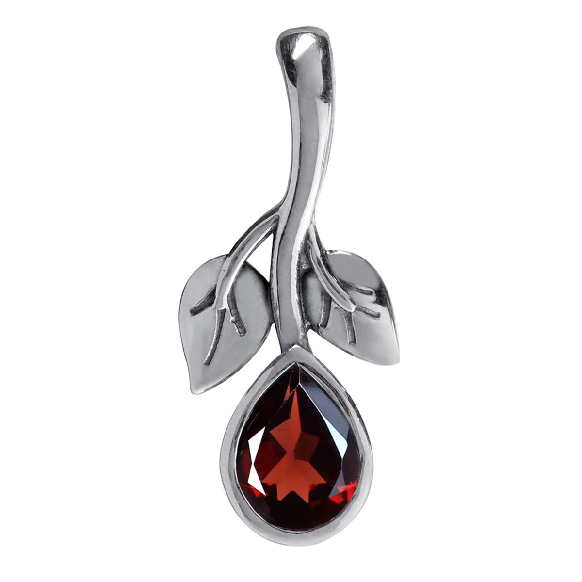 Natural Garnet 925 Sterling Silver Twin Leaf Drop Pendant