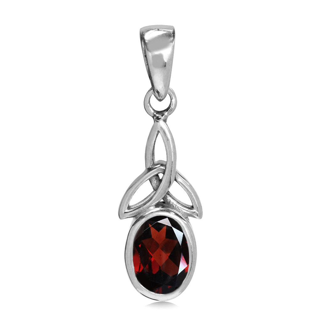 Natural Oval 7x5 mm Garnet White Gold Plated 925 Sterling Silver Triquetra Celtic Knot Pendant - Silvershake-store