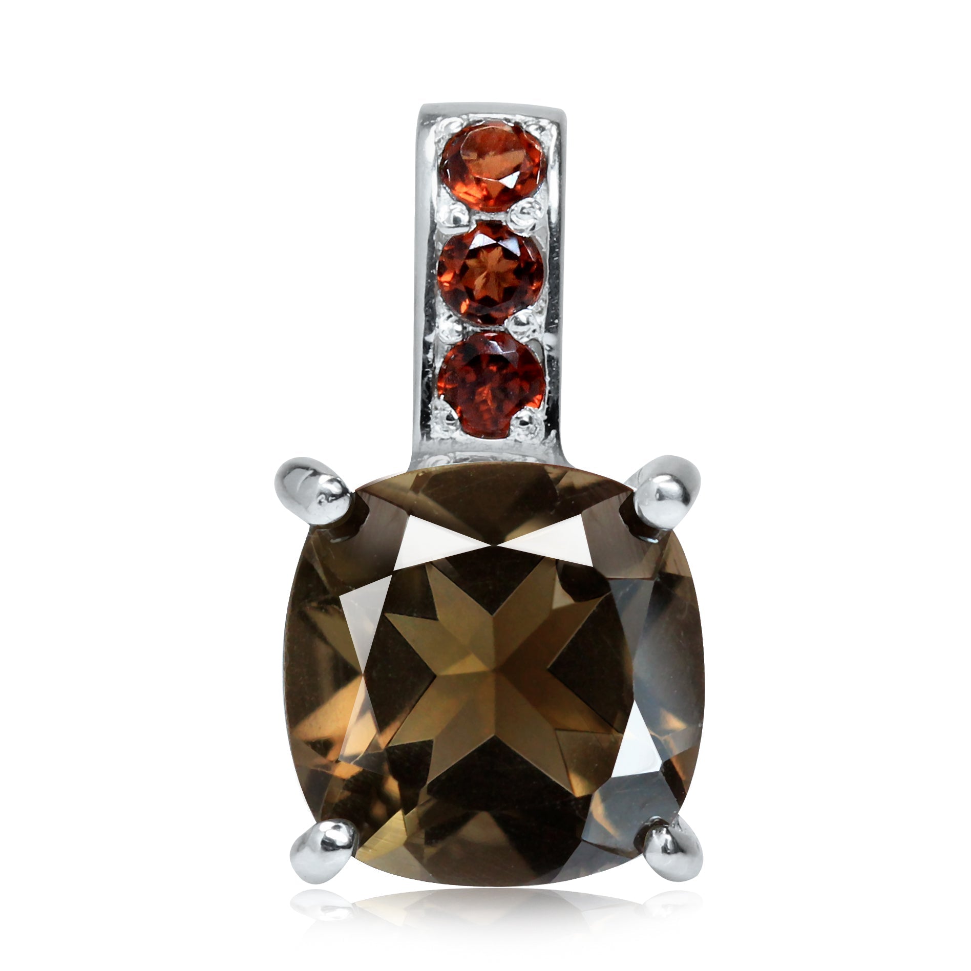 Silvershake 3.67ct. 10mm Natural Cushion Shape Smoky Quartz and Garnet 925 Sterling Silver Pendant - Silvershake-store