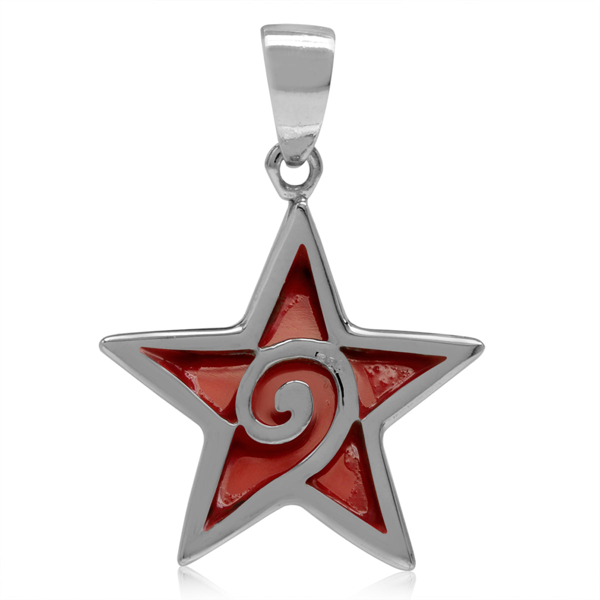 Created Red Coral Inlay White Gold Plated 925 Sterling Silver Star Pendant - Silvershake-store