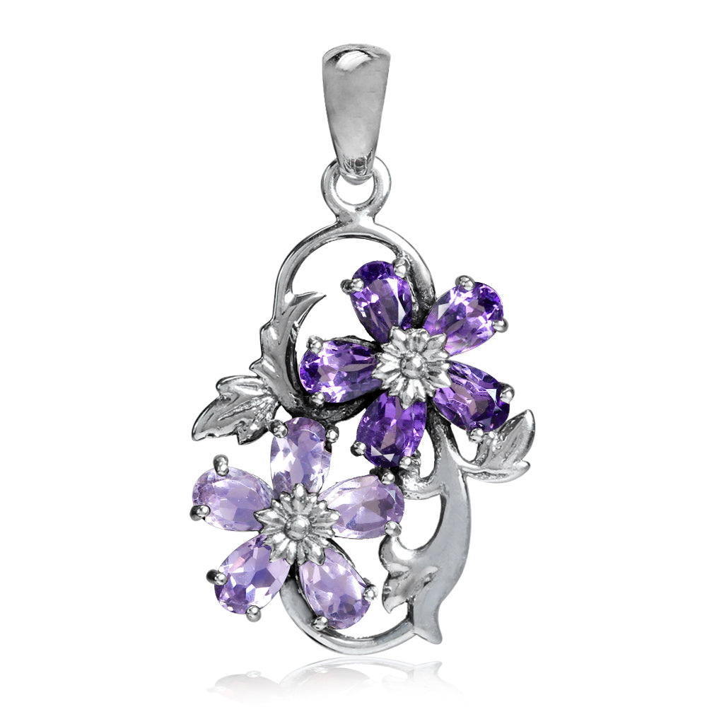 Silvershake Natural African Amethyst 925 Sterling Silver Flower Leaf Pendant - Silvershake-store