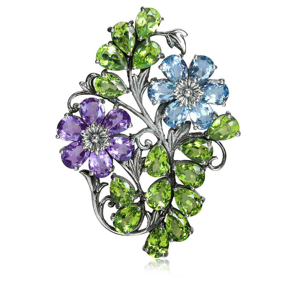 Silvershake Natural Amethyst Blue Topaz and Peridot 925 Sterling Silver Flower Leaf Pendant - Silvershake-store