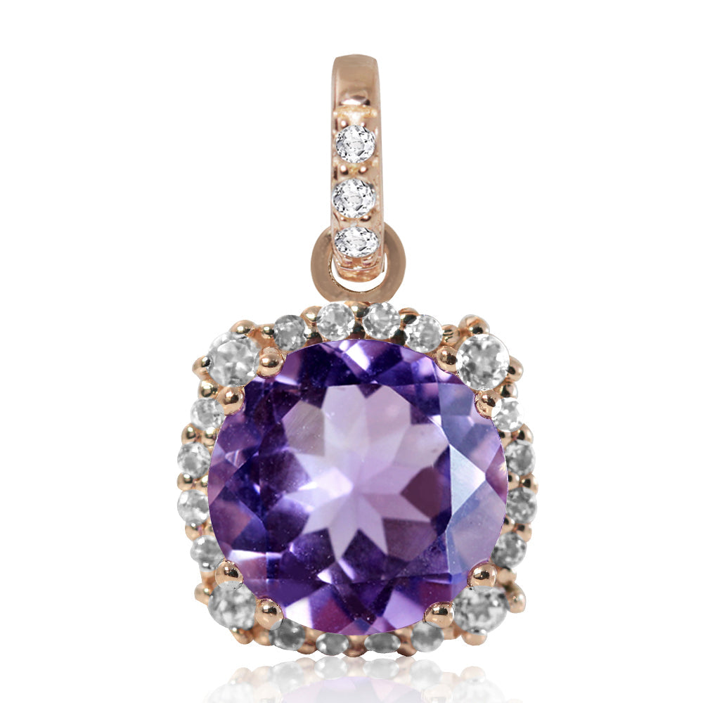 Silvershake 3.06ct. 10mm Genuine Round Shape Amethyst and White Topaz Rose Gold Plated 925 Sterling Silver Pendant - Silvershake-store