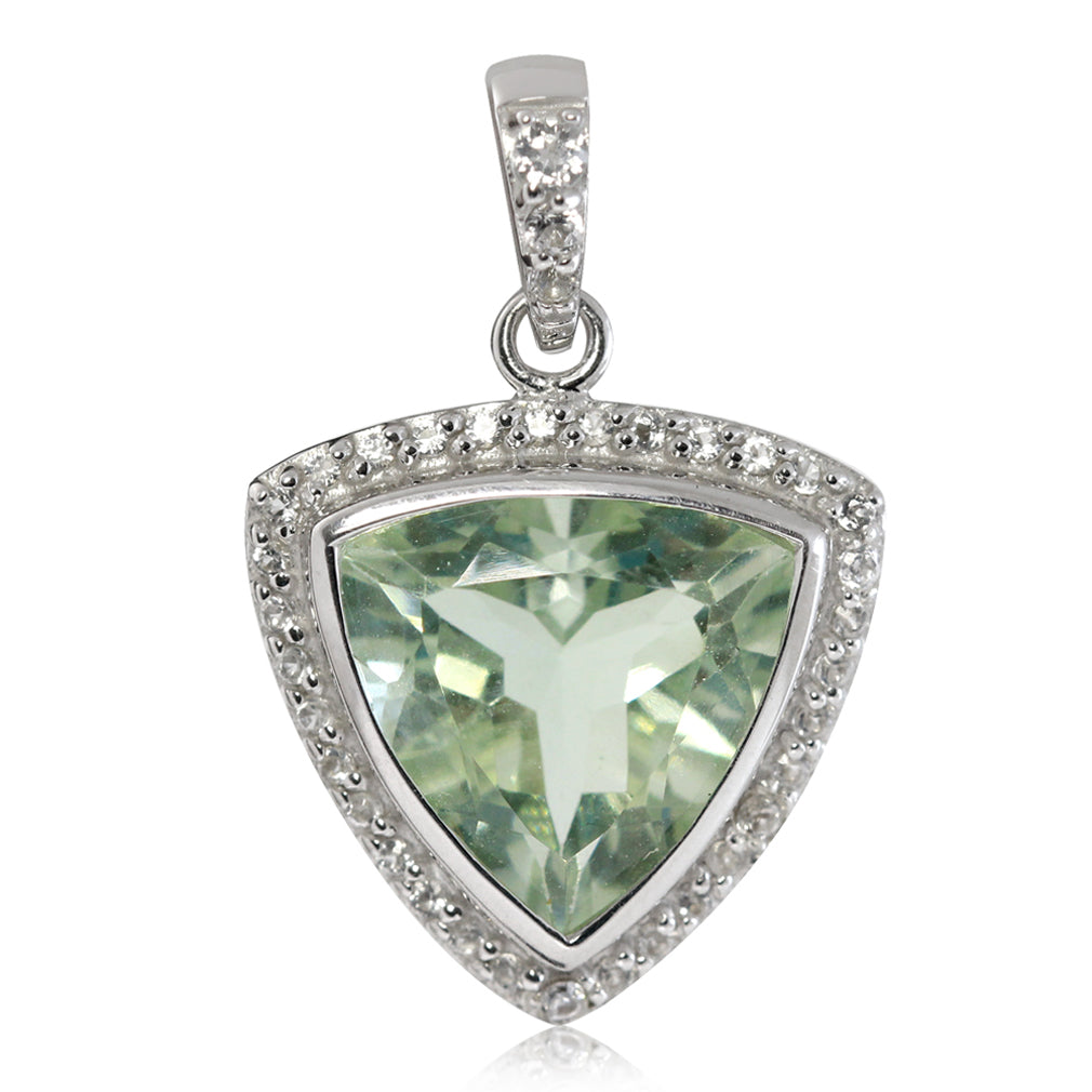 Silvershake 5.56ct. 12mm Natural Trillion Shape Green Amethyst and White Topaz 925 Sterling Silver Pendant - Silvershake-store