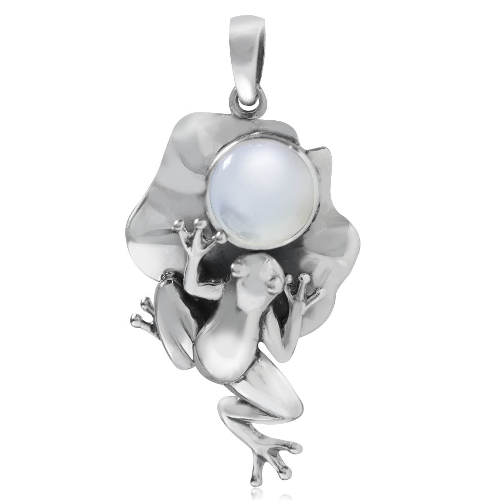 Silvershake White Mother of Pearl 925 Sterling Silver Lotus Leaf and Frog Pendant - Silvershake-store