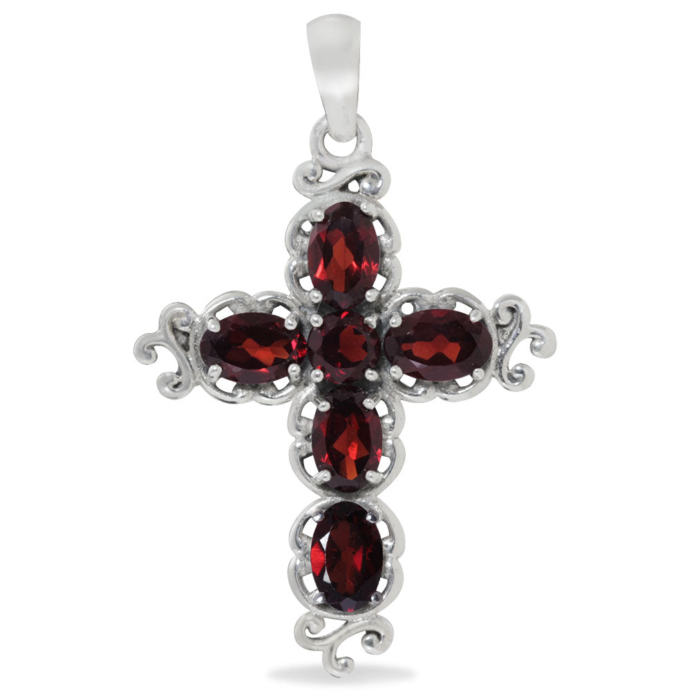Silvershake 3.31ct. Natural Garnet White Gold Plated 925 Sterling Silver Victorian Cross Pendant - Silvershake-store