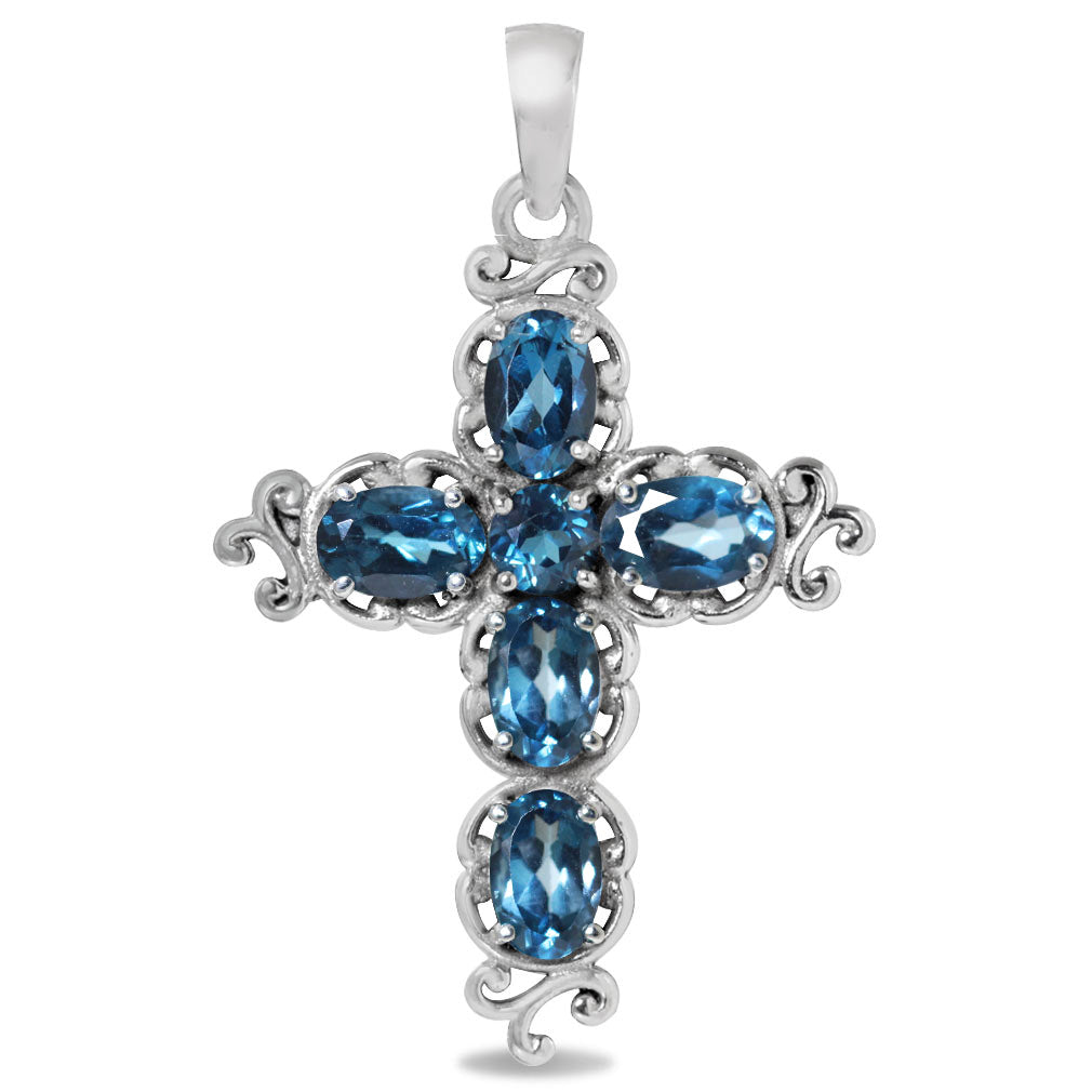 Silvershake 3.1ct. Genuine London Blue Topaz 925 Sterling Silver Victorian Cross Pendant - Silvershake-store