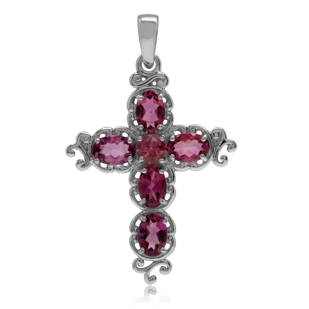 Silvershake 2.29ct. Natural Pink Tourmaline White Gold Plated 925 Sterling Silver Victorian Cross Pendant - Silvershake-store