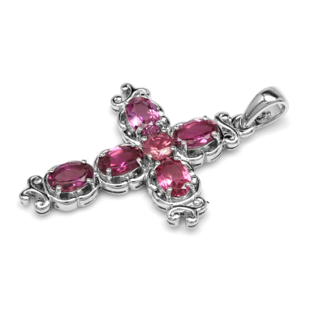 Silvershake 2.29ct. Natural Pink Tourmaline White Gold Plated 925 Sterling Silver Victorian Cross Pendant - Silvershake-store
