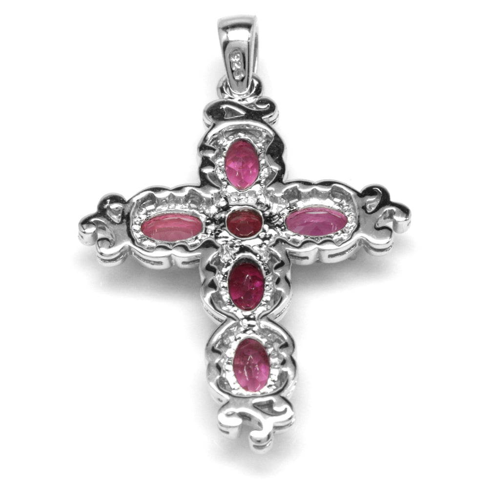 Silvershake 2.29ct. Natural Pink Tourmaline White Gold Plated 925 Sterling Silver Victorian Cross Pendant - Silvershake-store